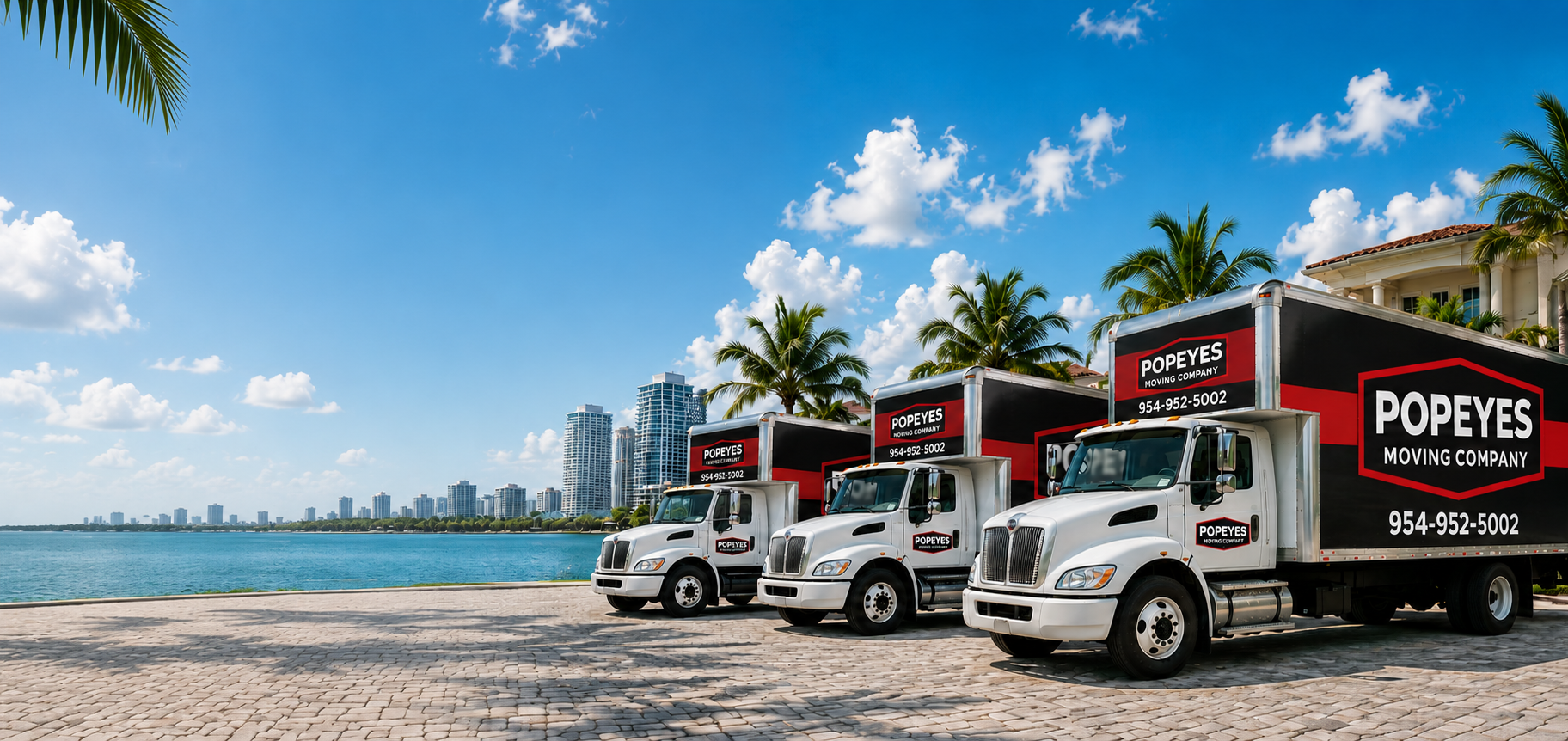 Popeye's Moving Company fleet beside a South Florida waterfront residence and skyline