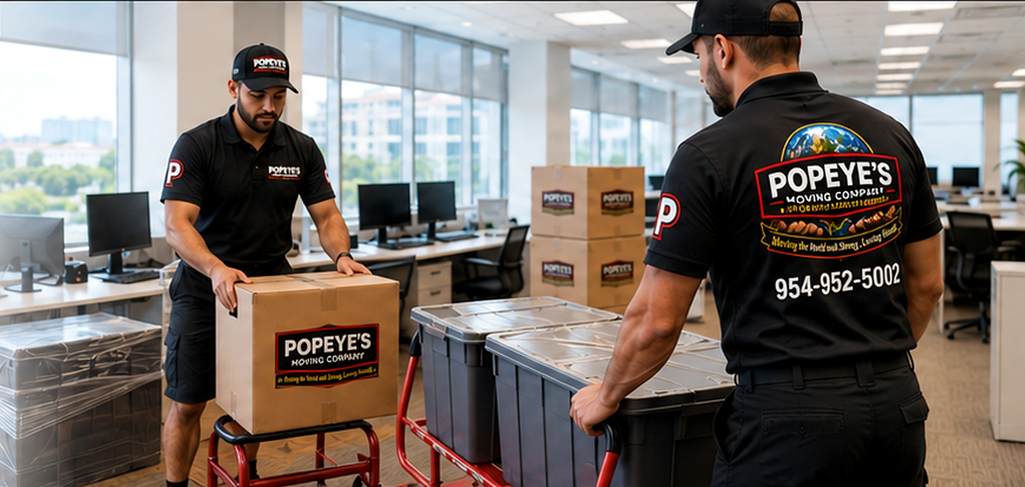 Popeye's Moving Company uniformed crew relocating labeled office equipment inside a modern South Florida workplace
