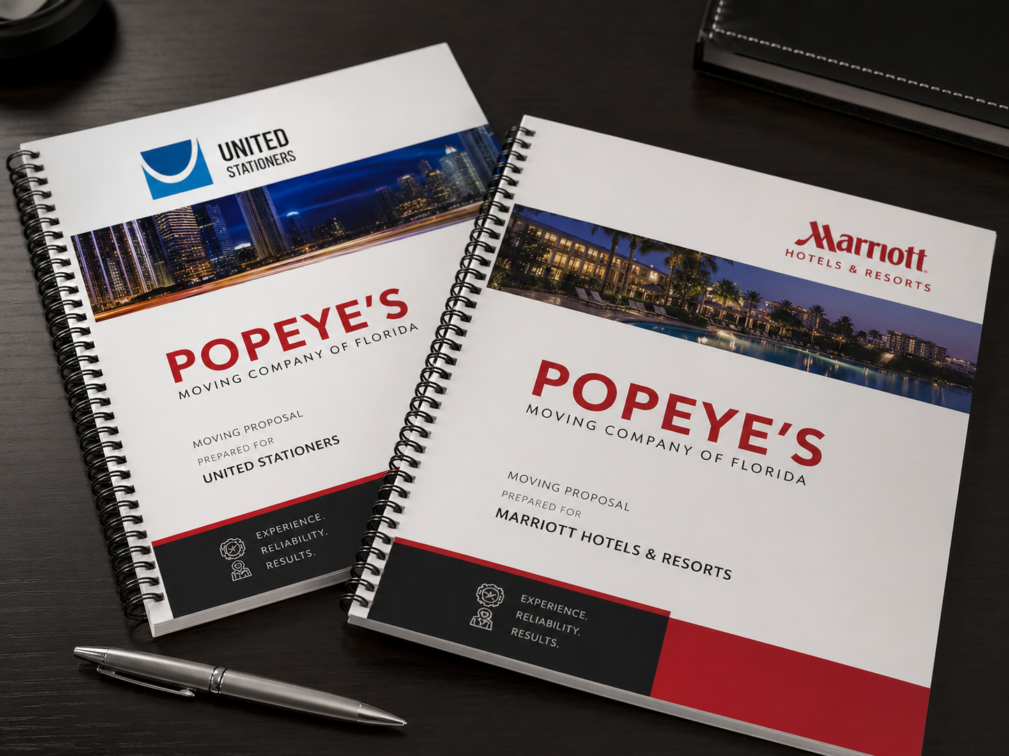Popeye’s commercial moving proposal books featuring United Stationers and Marriott Hotels & Resorts.