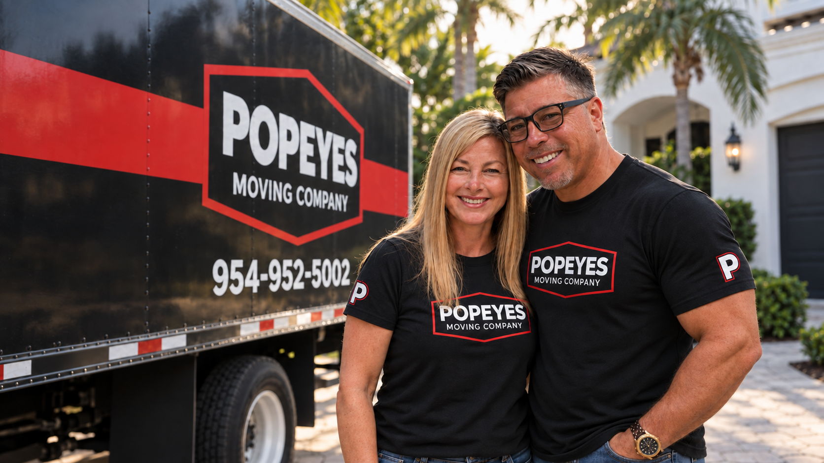 Leo and Monica beside a Popeye's Moving Company truck in South Florida