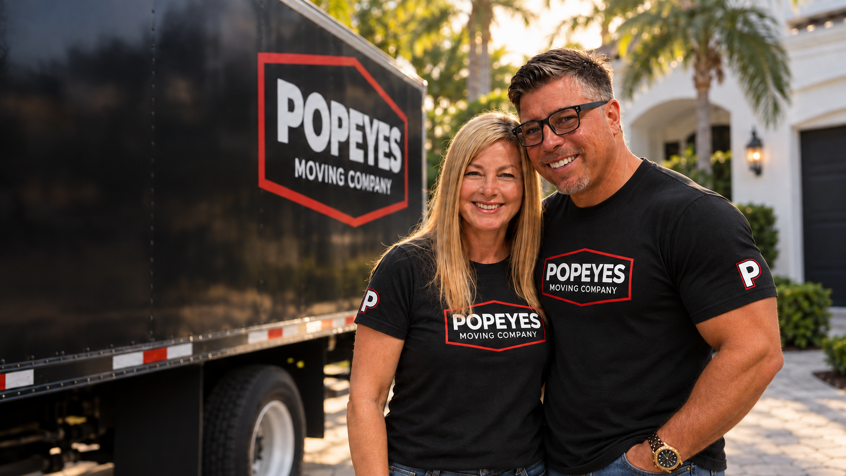 Leo and Monica beside a Popeye's Moving Company truck in South Florida