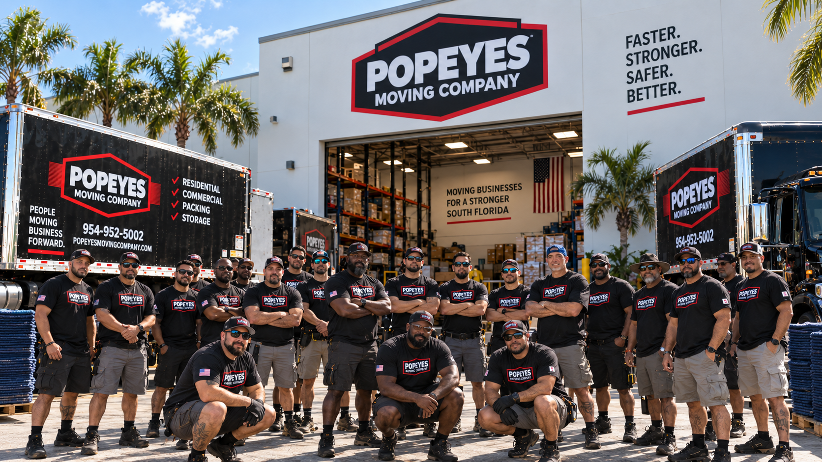 Popeye's Moving Company team outside its warehouse with branded moving trucks