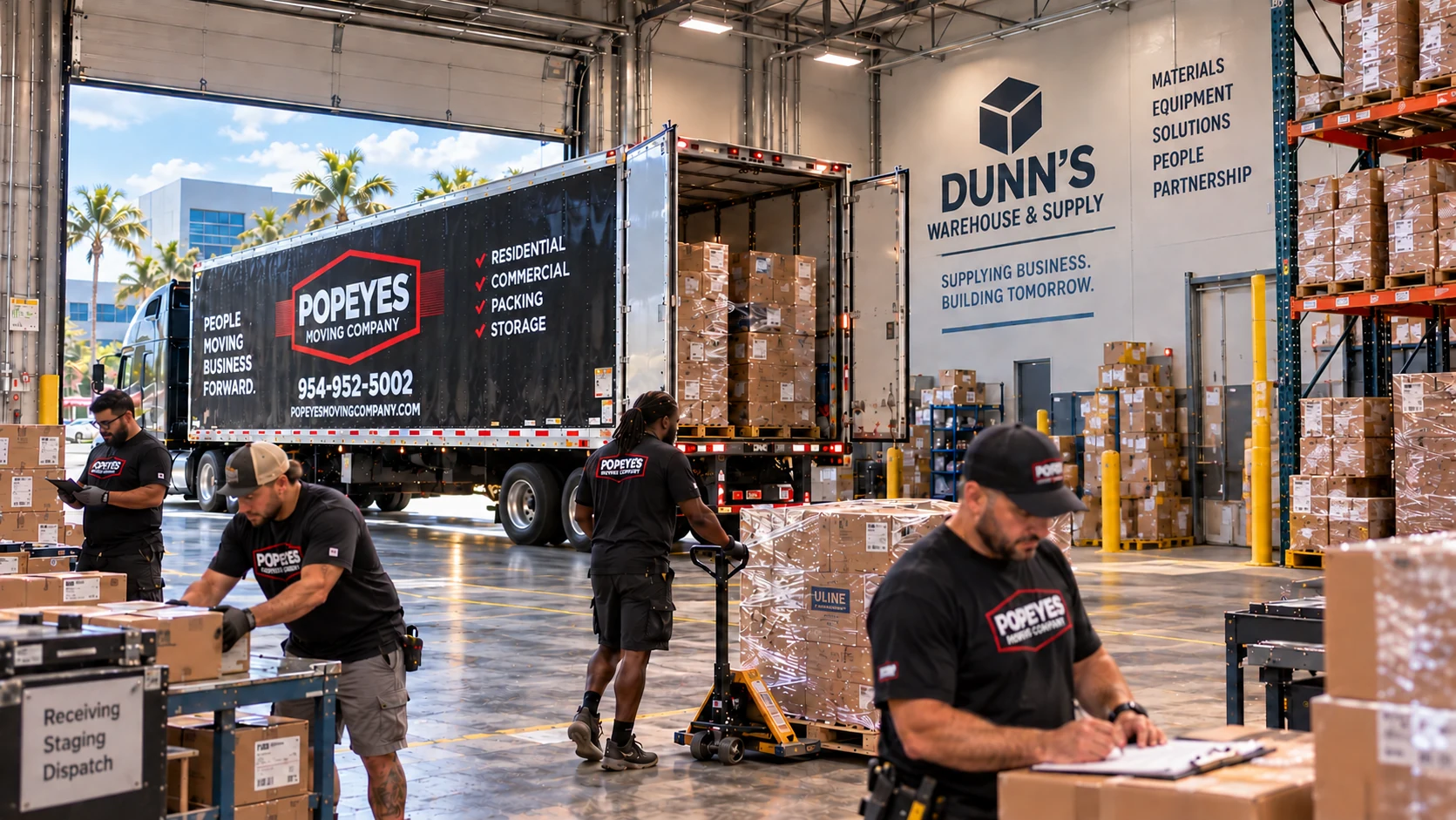 Popeye’s Moving Company crew coordinating a warehouse relocation with a branded truck, pallets, and moving equipment