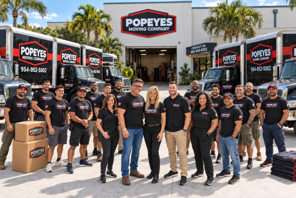 Popeye’s moving team with boxes in front of the company trucks